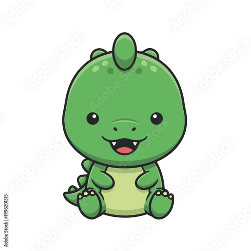 Charming vector illustration of a happy green baby dinosaur character, sitting with a friendly smile, embodying playful innocence in a clean, cartoon style, perfect for children's designs