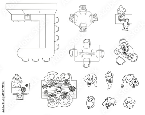 Konstfotografi Top view dining table scenes with people eating food kitchen interior vector set