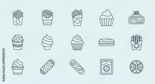 Collection of hand drawn fast food icons on light blue background.