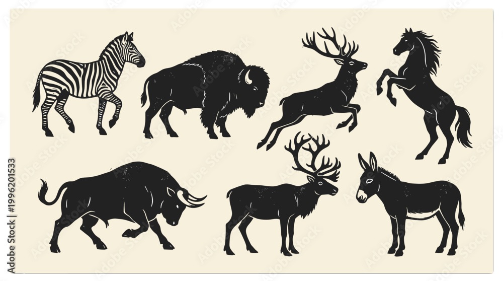 Obraz premium Linocut Animal Silhouette Collection: Horse, Bull, Stag, Bison, Reindeer, Donkey, Zebra Graphic