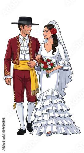 illustration of a mexican bride and groom in traditional wedding attire