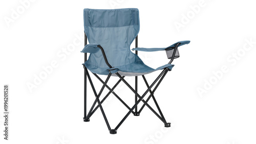 Fotografi Blue fabric camping chair with black metal frame and cup holder, isolated on tra