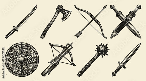 Historic Weapons Linocut Collection: Katana, Viking Axe, Longbow, and Sword Silhouettes on Cream Paper