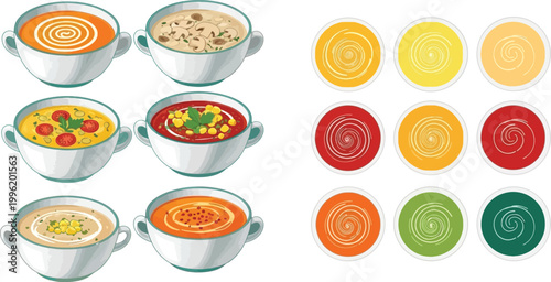 Soup Bowl Icon Set with Various Hot Food Dishes and Sauce Color Variations for Restaurant Menu Design, Cooking Apps, and Culinary Illustration Collection