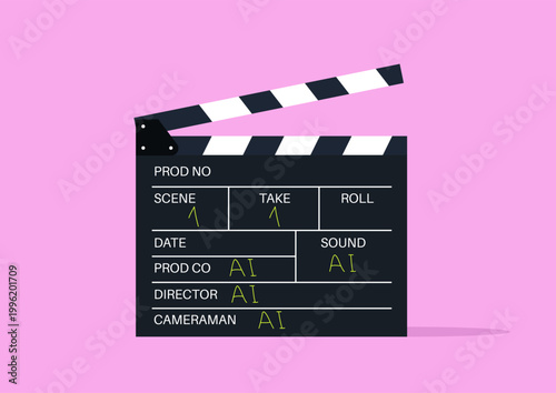 A film clapperboard set against a colorful pink background lists every production role—director, writer, actor, editor—as filled by AI, highlighting a fully automated, AI-driven filmmaking process