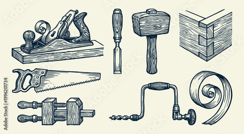 Woodworking Hand Tools Linocut Illustration: Mallet, Chisel, Plane, Saw and Dovetail Joint Set