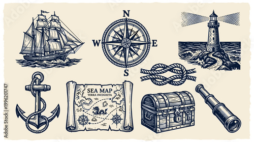 Nautical Linocut Illustration Set: Navy Blue Ship, Anchor, Lighthouse, and Maritime Icons