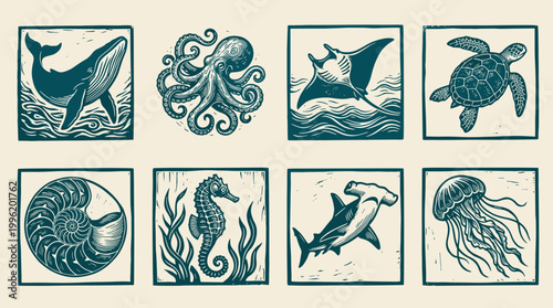 Woodblock print set of sea creatures: whale, octopus, turtle, and marine life icons for ocean branding