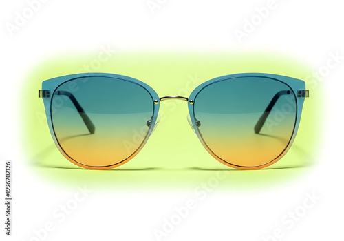 A pair of stylish sunglasses with gradient lenses on a neon green background