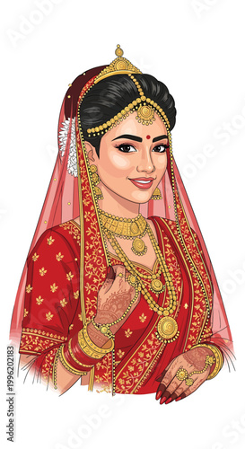 Illustration of a woman in traditional Indian wedding dress and jewelry, suitable for marketing, advertising, or educational materials related to weddings, culture, or fashion.