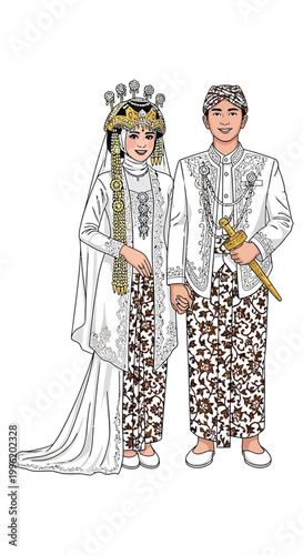 a bride and groom dressed in traditional wedding clothes holding hands