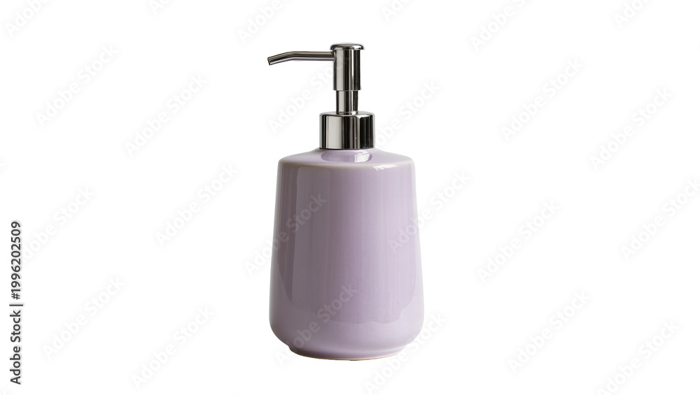 Fototapeta premium Lavender ceramic soap dispenser with chrome pump, isolated on transparent background