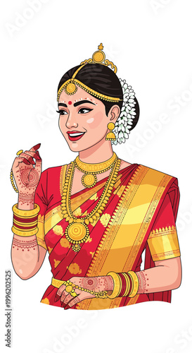 a woman wearing a traditional indian sari and jewelry for cultural or wedding purposes
