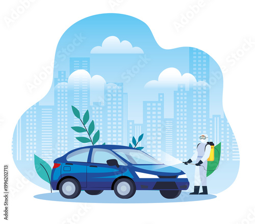 Fotografie car disinfection service, prevention coronavirus covid 19, clean surfaces in car