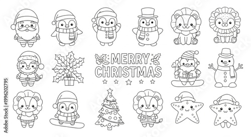 Cute Christmas Coloring Page Set with Santa Snowman Tree Snowflake and Kawaii Animal Characters Outline Vector for Kids Activity Books