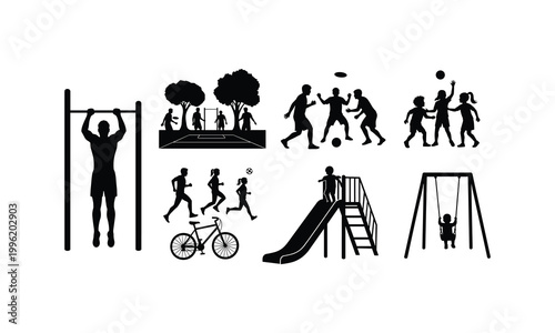 Kids and adults playing sports equipment silhouette vector illustration line art design.