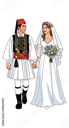 Obraz na plátne Illustration of a bride and groom in traditional Greek attire, holding hands on their wedding day