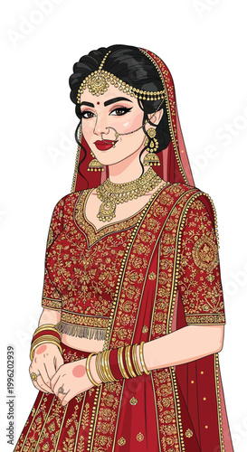 Illustration of a woman wearing traditional Indian wedding attire, suitable for marketing, advertising, or cultural educational materials