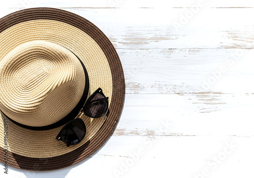 Straw hat with sunglasses on a white wooden background for summer vacation