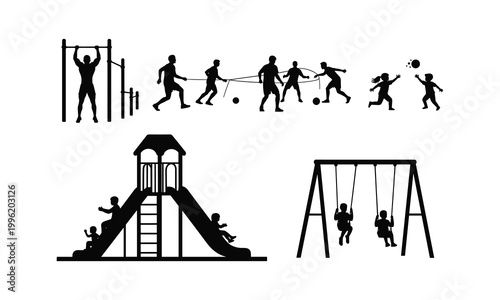 Playground equipment vector illustration set with children playing and exercising outdoor.