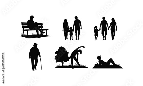 Set of human activities and leisure people silhouette vector illustration line art style.