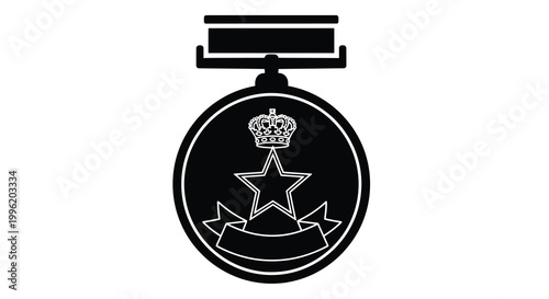 medal with crown star and ribbon black silhouette on white background