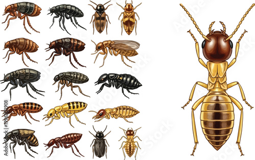 Termite Insect Icon Set with Detailed Ant and Pest Variations for Pest Control, Infestation Awareness, Biology Study, and Extermination Service Design