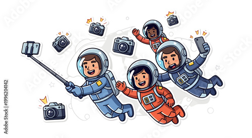 Astronauts in space taking selfie with cameras floating around