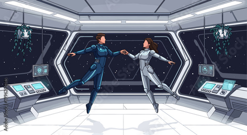 Two women in futuristic space suits dancing in a space station