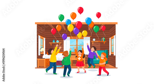 family celebration with colorful balloons in a wooden house