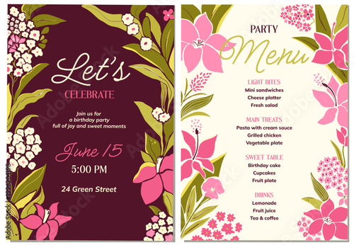 Floral birthday invitation and menu template with decorative botanical elements and elegant layout. Soft color palette with pink flowers and green leaves. Suitable for birthday events, party stationer