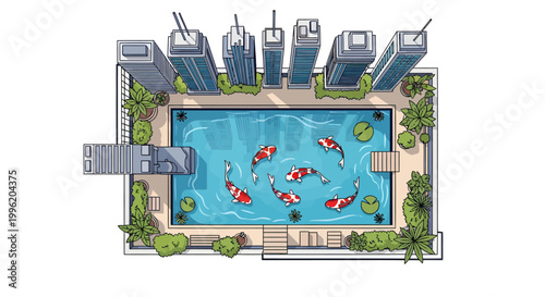 Overhead view of a rooftop swimming pool with koi fish