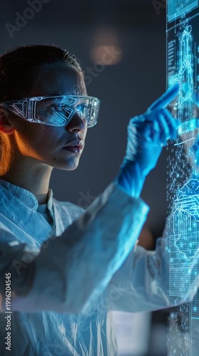uturistic vertical shot of a scientist interacting with a translucent holographic interface in a lab, illuminated by soft blue glow, cinematic and high-tech, showcasing advanced research environment.