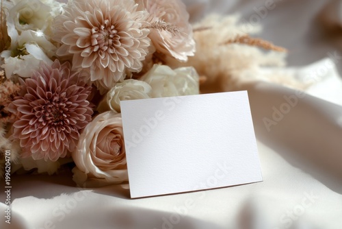 Elegant floral arrangement with blank card on soft fabric background