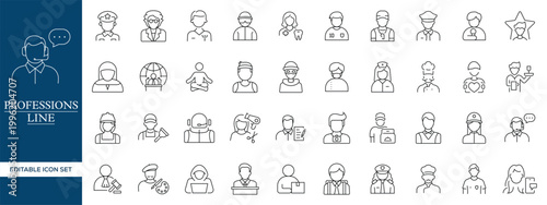 Professions Line Icons Set, Occupation Avatars Outline Vector Collection Editable Stroke