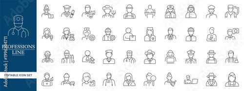 Professions Line Icons Set, Occupation Avatars Outline Vector Collection Editable Stroke