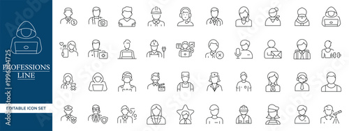 Professions Line Icons Set, Occupation Avatars Outline Vector Collection Editable Stroke