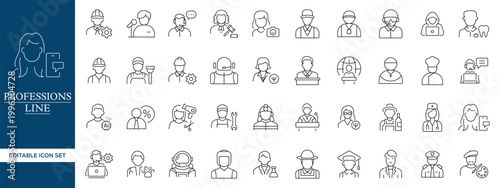Professions Line Icons Set, Occupation Avatars Outline Vector Collection Editable Stroke