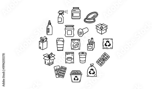 Plastic packaging and disposable products outline icon pack with recycling container and waste symbols radial vector set