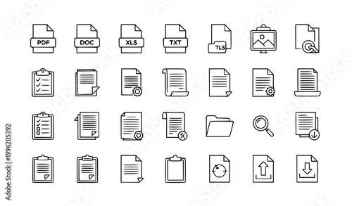 File and document outline icons pack with cloud storage signature approval and data management vector set