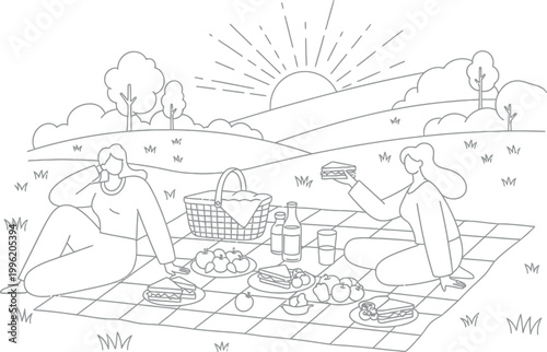 Two happy women enjoying a relaxing outdoor picnic together sitting on a checkered blanket with fresh food and sandwiches in a peaceful meadow while the sun shines brightly during the day.