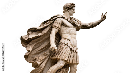 Foto Marble Roman emperor statue with flowing cape pointing finger, isolated on trans