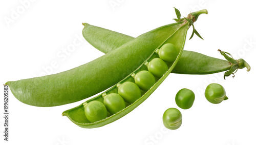 Schilderij op canvas Fresh green pea pods with scattered peas, isolated on transparent background