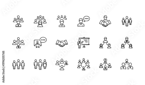 Collection of business and human resources icons showing people teams communication handshake