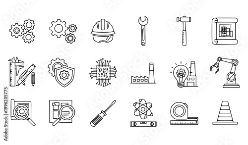 Collection of industrial and engineering icons including gears tools blueprint factory technology