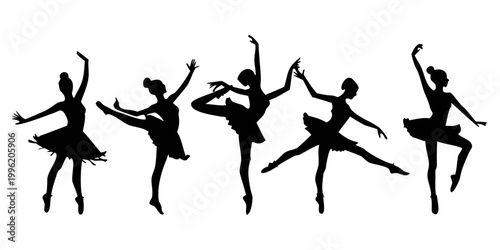 Ballerina dancers vector silhouettes set ballet poses pointe shoes tutu elegant movement artistic performance studio design element .vector icon