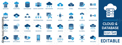 Cloud and database solid icon set. Includes symbols for Data Center, Server, Network, and Recovery. Solid vector icons for web storage, digital backup, and saas platform.