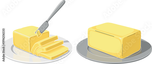 Butter Block and Sliced Pieces on Plate Illustration with Knife Dairy Product Food Ingredient for Cooking Baking and Kitchen Design