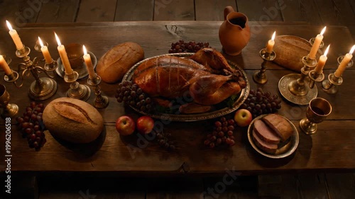 Roasted turkey served on oak table for feast. Traditional medieval banquet scenery with candle light and bread. Festive dinner setting with fruit and meat, someone holding cup for celebration meal