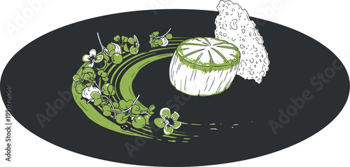 Delicious pan seared scallop served on a black plate with vibrant green pea puree fresh edible flowers and a crispy tuile cracker representing a modern gourmet fine dining culinary dish creation.